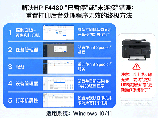 解决 HP F4480 “已暂停”或“未连接”错误：重置打印后台处理程序无效的终极方法