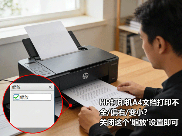 HP打印机A4文档打印不全/偏右/变小？关闭这个“缩放”设置即可